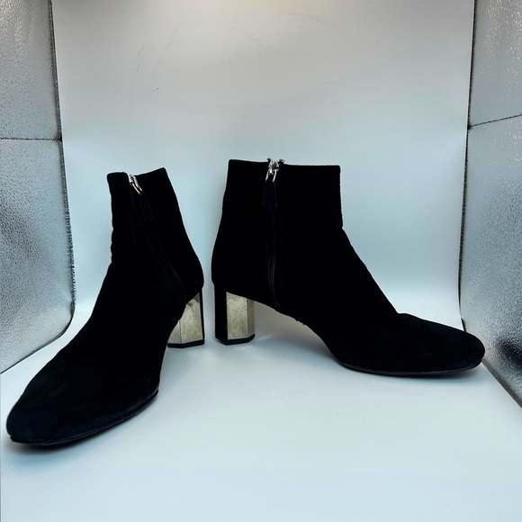 Prada Black Suede Block Heeled Booties with mirror detail on heel 37.5